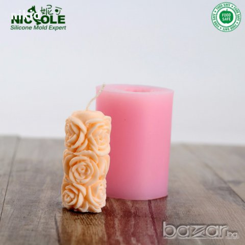 3D висок цилиндър рози свещ силиконова форма молд за украса торта фондан тесто декорация гипс сапун