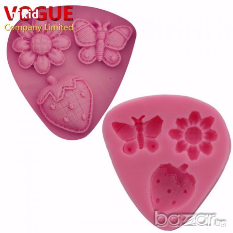 силиконов молд форма 3D 3 бр цвете пеперуда ягода диаманти декор торта фондан шоколад украса и др