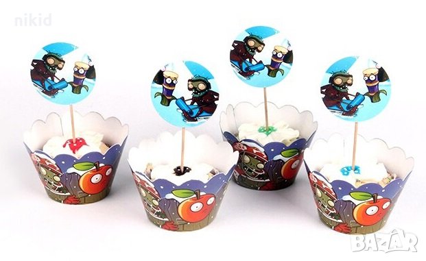 Зомбита срещу растения Plants vs Zombies 12 бр топери и кошнички украса декорация за мъфини кексчета