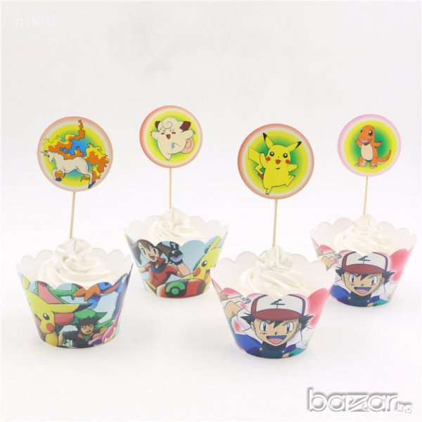 Pokemon Покемон 12 бр топера топери и кошнички украса декорация за мъфини кексчета торта и парти, снимка 1