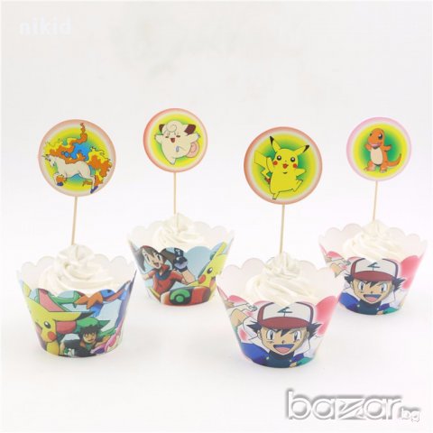Pokemon Покемон 12 бр топера топери и кошнички украса декорация за мъфини кексчета торта и парти