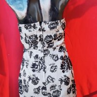 Бежова рокля бюстие тип балон на черни цветя М/Л, снимка 2 - Рокли - 22414923
