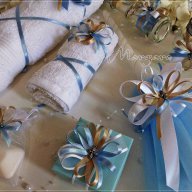 Комплект за кръщене в бежаво и светло синьо с кръстче, снимка 2 - Подаръци за кръщене - 16474133