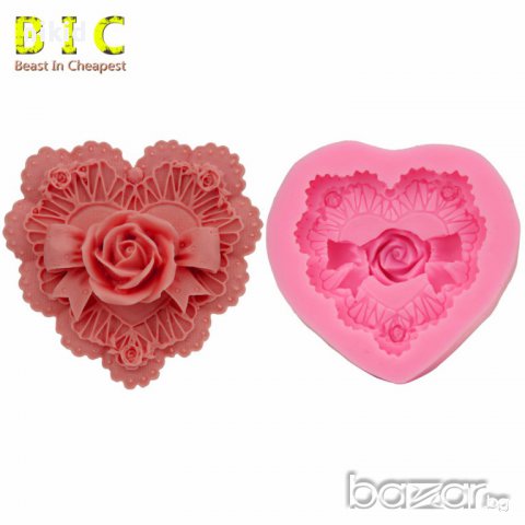 голямо сърце с роза панделка силиконов молд форма за украса торта с фондан шоколад