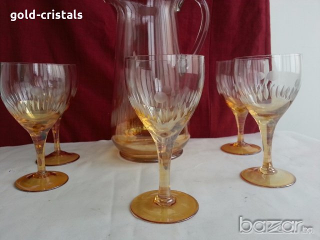Стъклена кана и стъклени чаши , снимка 3 - Антикварни и старинни предмети - 19994482
