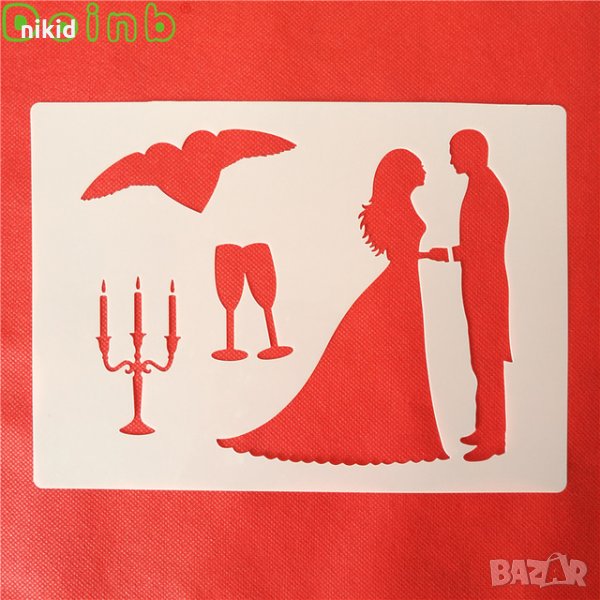 Свещник чаша младоженци стенсил шаблон спрей за торта украса кекс декорация пудра захар, снимка 1