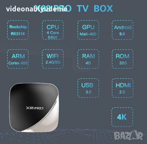X88 PRO 4GB RAM 32 GB ROM Android 9 4KHDR/3D TV Box 2.4G/5GWiFi RK3318 Медиа Плеър Bluetooth v4.0, снимка 2 - Плейъри, домашно кино, прожектори - 25685499