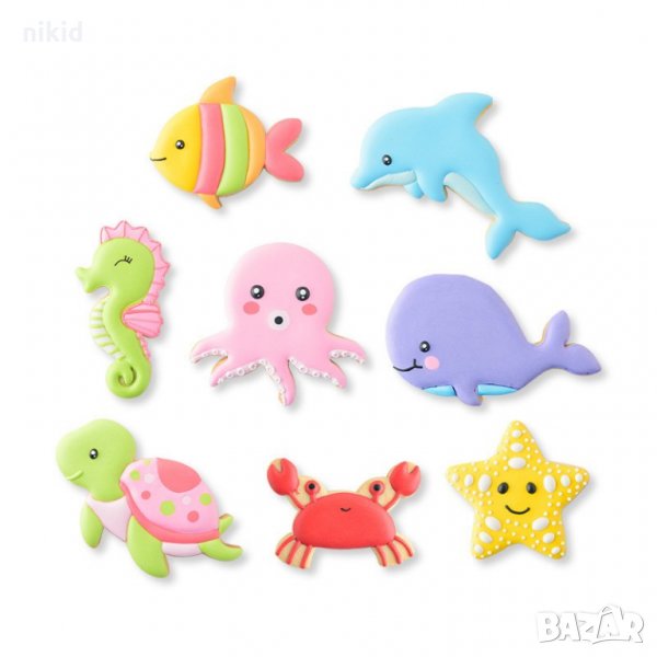 Кит рак делфин риба водно конче октопод медуза звезда сет 8 пластмасови резци форми бисквитки морски, снимка 1