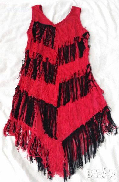 Червена рокля с червени и черни ресни, снимка 1