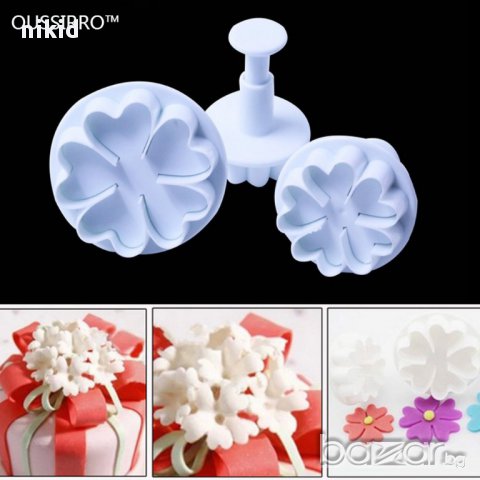 3 бр сърцевидни цветя детелина резци с бутало формички за декорация и украса тесто фондан резец, снимка 2 - Форми - 18102134