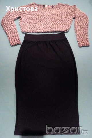 Черен комплект-пола и къса блуза букле на H&M;Черна къса жилетка, снимка 2 - Костюми - 16444096