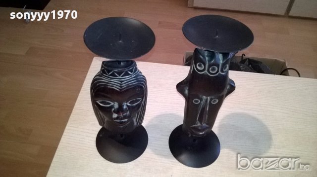Африкански свещници-2бр дърво/метал 28х10см-внос швеицария, снимка 4 - Антикварни и старинни предмети - 17808651