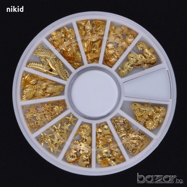 3D микс 12 вида морски декорации мида рапан палма перо златисти за нокти маникюр, снимка 1