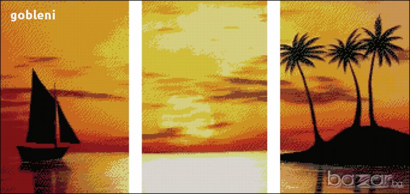  гоблен-ТРИПТИХ "ЗАЛЕЗ НАД ОСТРОВА"-д41;размери/40*20/ см.;18цвята;36лв., снимка 1