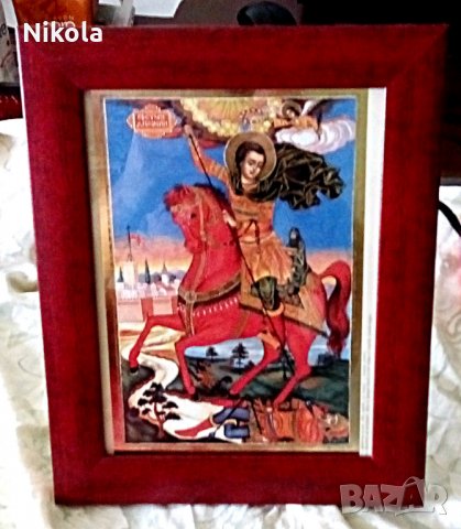 Икона Свети Димитър на кон 1869г. репродукция с рамка и стъкло, снимка 2 - Икони - 25027294