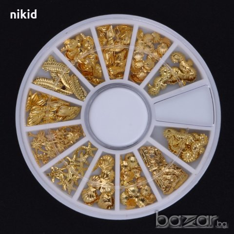 3D микс 12 вида морски декорации мида рапан палма перо златисти за нокти маникюр