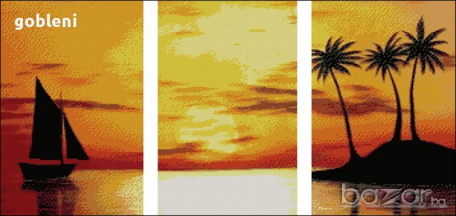  гоблен-ТРИПТИХ "ЗАЛЕЗ НАД ОСТРОВА"-д41;размери/40*20/ см.;18цвята;36лв.