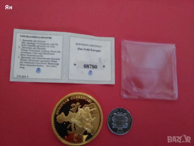 Позлатен Медальон/Плакет/Емблема 'Андора-Европейски Валути'+1Сантим-54g.-50mm, снимка 1