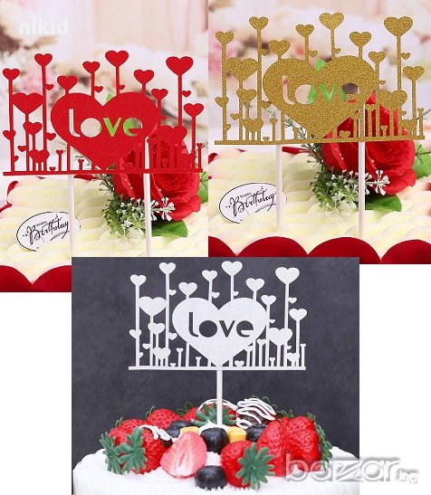  Love с много сърца брокате черен червен сребрист златист мек брокатен топер торта украса декорация, снимка 1