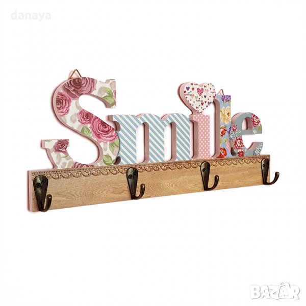 982 Декоративна дървена закачалка SMILE стенна закачалка с 4 куки, снимка 1