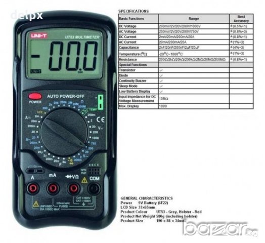 Мултицет с термосонда и зумер UT-53 VAC/VDC | AAC/ADC | OHM | °C | F, снимка 3 - Друга електроника - 20664944
