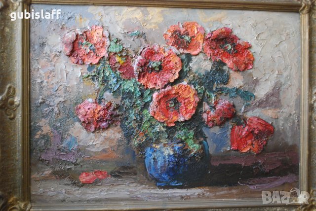 Стара картина, ваза с цветя, румънски автор, G. Vrabiesku, снимка 2 - Картини - 24633816