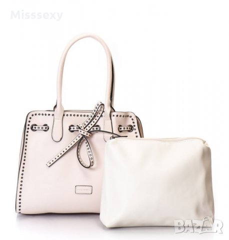 ПРОМО 🍊 PIERRE CARDIN 🍊 Дамска кожена чанта с връзка в бледо розово 30x33x12 см нова, снимка 4 - Чанти - 22738166