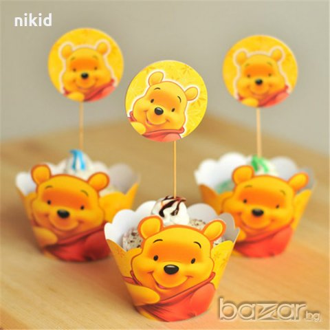 Мечо Пух 12 бр топери и кошнички украса декорация за мъфини кексчета торта и парти