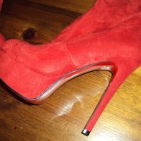 Червени велурени ботуши на високи токчета-15 см, снимка 3 - Дамски ботуши - 23120028