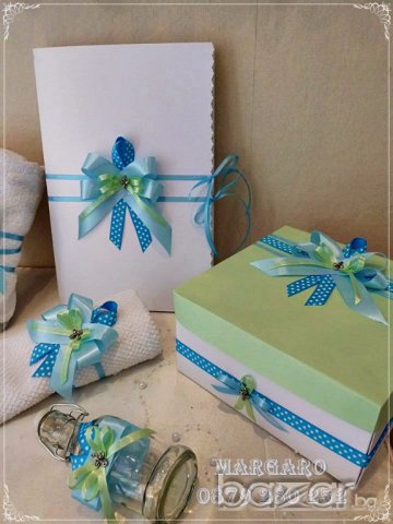 Аксесоари за кръщене в зелено и синьо с кръстче, снимка 3 - Подаръци за кръщене - 17045989