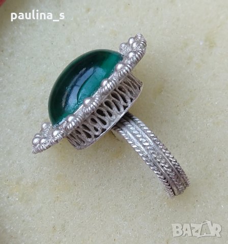 Винтидж / Рядка находка / Сребърен пръстен с кабошон емералд  / Антика / берковски ръчен филигран!  , снимка 3 - Пръстени - 26196558