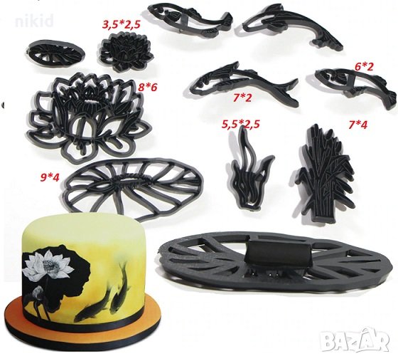 10 бр Водна лилия Лотус папур риби пластмасови резци форми украса фондан торта декор, снимка 1