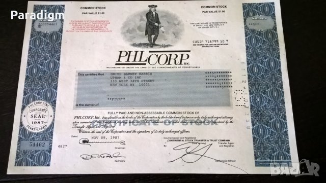 Сертификат за 5 акции (САЩ) | Phil Corp INC. | 1987г., снимка 1 - Нумизматика и бонистика - 25233328