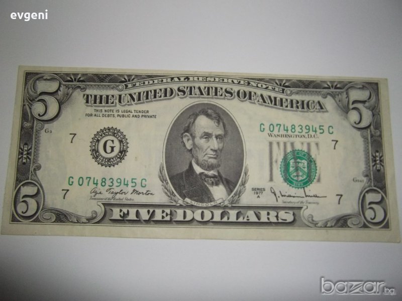банкнота от 5 долара-1977а-чикаго с дефект, снимка 1