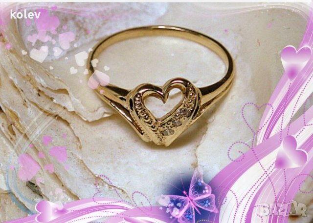 Златен пръстен СЪРЦЕ, за годеж, сватба 1.35 грама/ размер №51, 14К, снимка 2 - Пръстени - 13713635