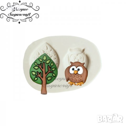 Малки Бухал и дърво силиконов молд форма украса декор торта фондан шоколад, снимка 1 - Форми - 21980390