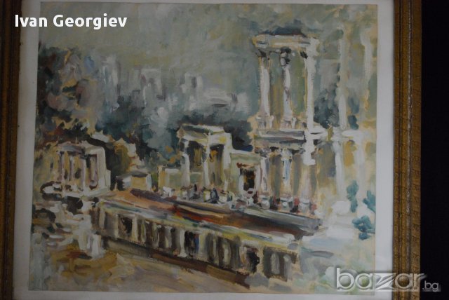 Стара картина, картон, Античния театър, Пловдив, снимка 2 - Антикварни и старинни предмети - 13818681