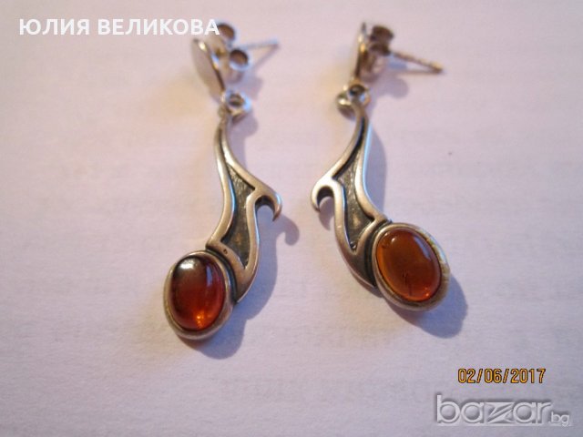 Сребърни обеци с кехлибар, снимка 7 - Обеци - 18465476
