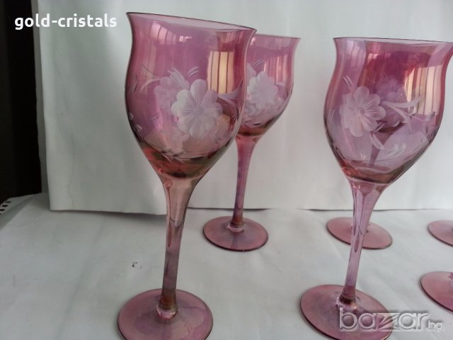  кристални чаши  цветен кристал гравиран, снимка 11 - Антикварни и старинни предмети - 20061877
