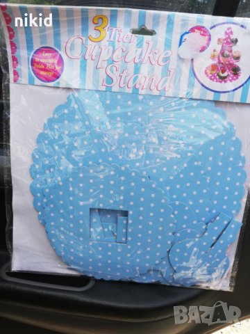 3 етажна Триетажна поставка стойка за мъфини картонена синя на бели точки кексчета, снимка 4 - Други - 22500135