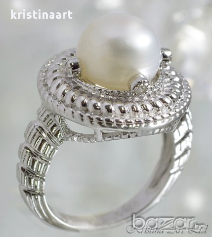 Сребърен пръстен с бяла естествена перла , снимка 2 - Пръстени - 10093077
