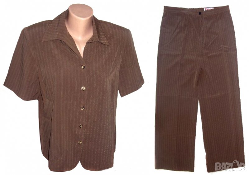 Карина дамски летен костюм сако с къс ръкав и панталон кафеви, снимка 1