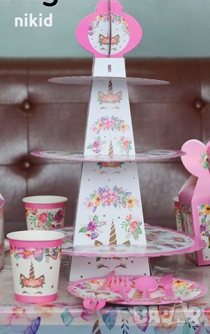 Еднорог Unicorn Бяла  3 етажна Триетажна поставка стойка за мъфини картонена кексчета, снимка 2 - Други - 23220365