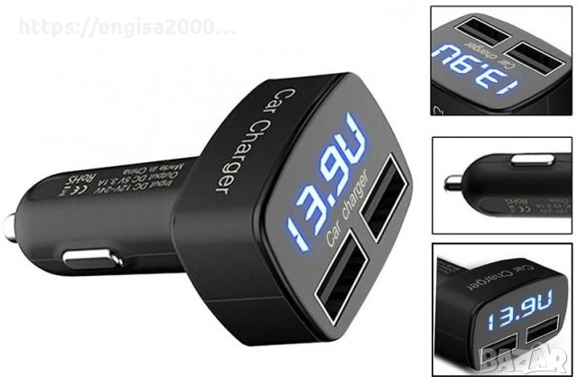 ПРОМО! Зарядно за кола с 2 USB гнезда с цифров волтметър, амперметър, термометър, снимка 2 - Друга електроника - 26100467