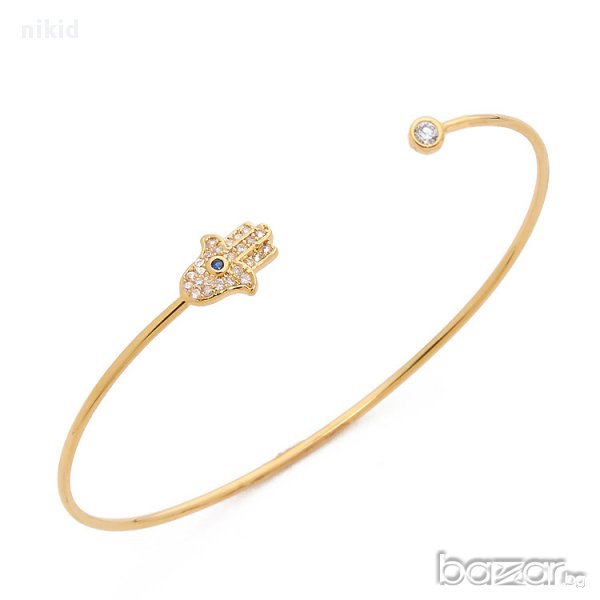 твърда златиста сребриста гривна с хамса ръката на Фатима и око против уроки с камъчета, снимка 1