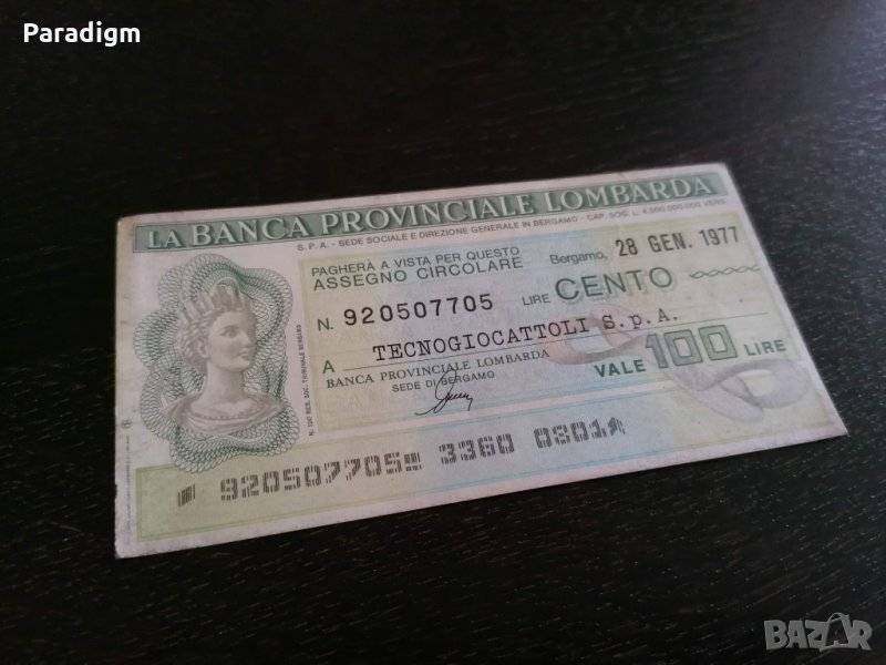 Банков чек - Италия | 1977г., снимка 1