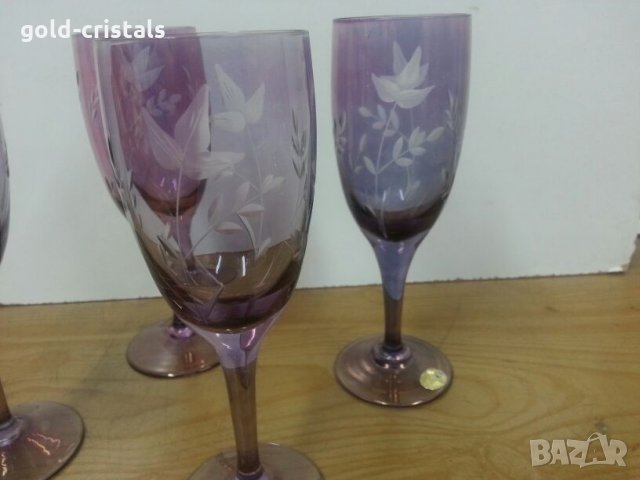 Ретро чаши за вино гравирани цветно стъкло, снимка 7 - Антикварни и старинни предмети - 22460875