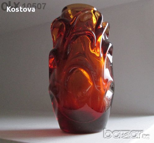 Тежка красива ваза, цвят  кехлибар и фруктиера, стъкло, стъклен, зелен пепелник Сливен, снимка 4 - Вази - 10670305