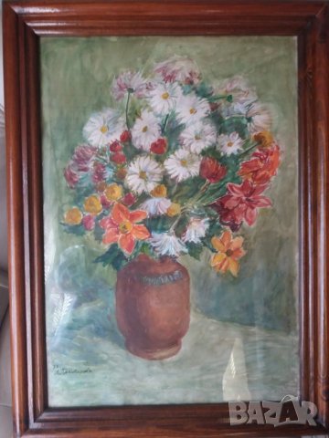 Люба Паликарова стара картина акварел натюрморт цветя  1975, снимка 10 - Картини - 23743155