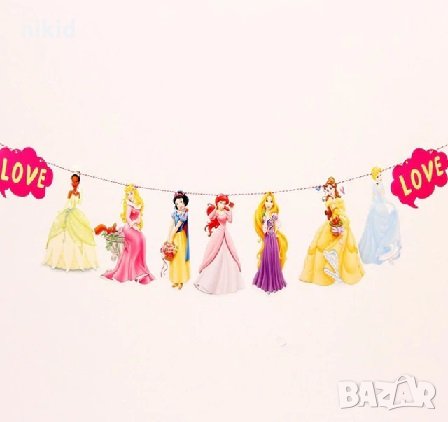 7 Принцеси Тиана Рапунцел Белл Снежанка Пепеляшка Аврора Парти Гирлянд Знаменца Флаг Банер, снимка 1